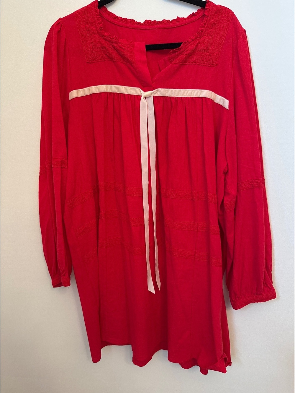 Red Long Sleeve Cotton Dress with Lace and Ribbon Detail Size L